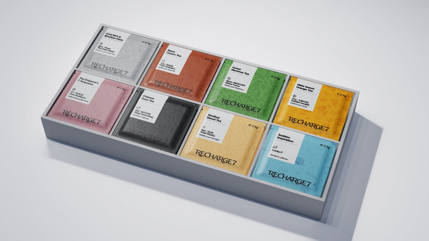 Inside grid layout of the Recharge7 Energy Box showing 7 premium planetary botanical tea sachets organized for a weekly wellness protocol.