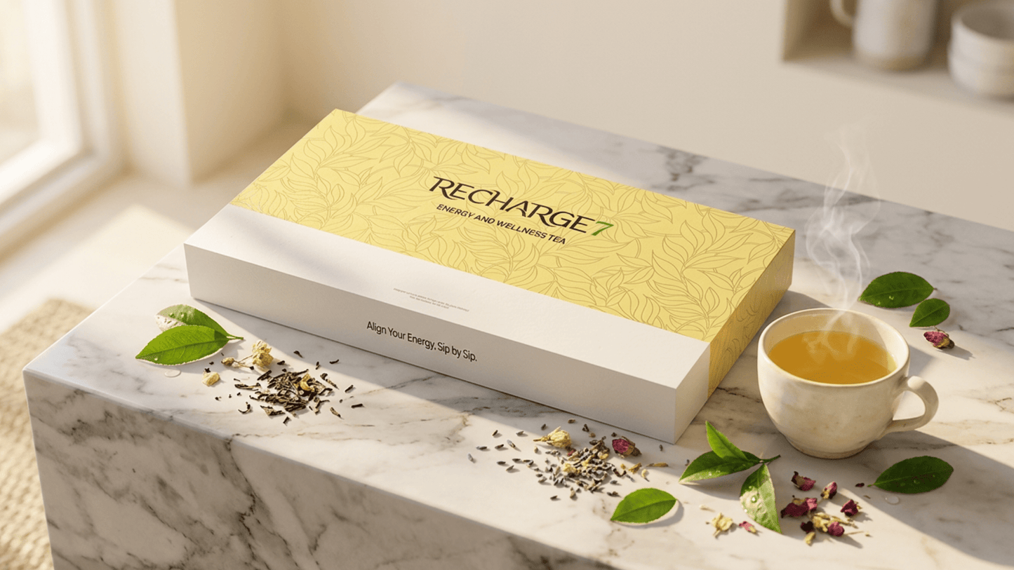 The Recharge7 Energy Box alongside the Oasis Grounding Tea Mug on a modern minimalist executive office desk setup