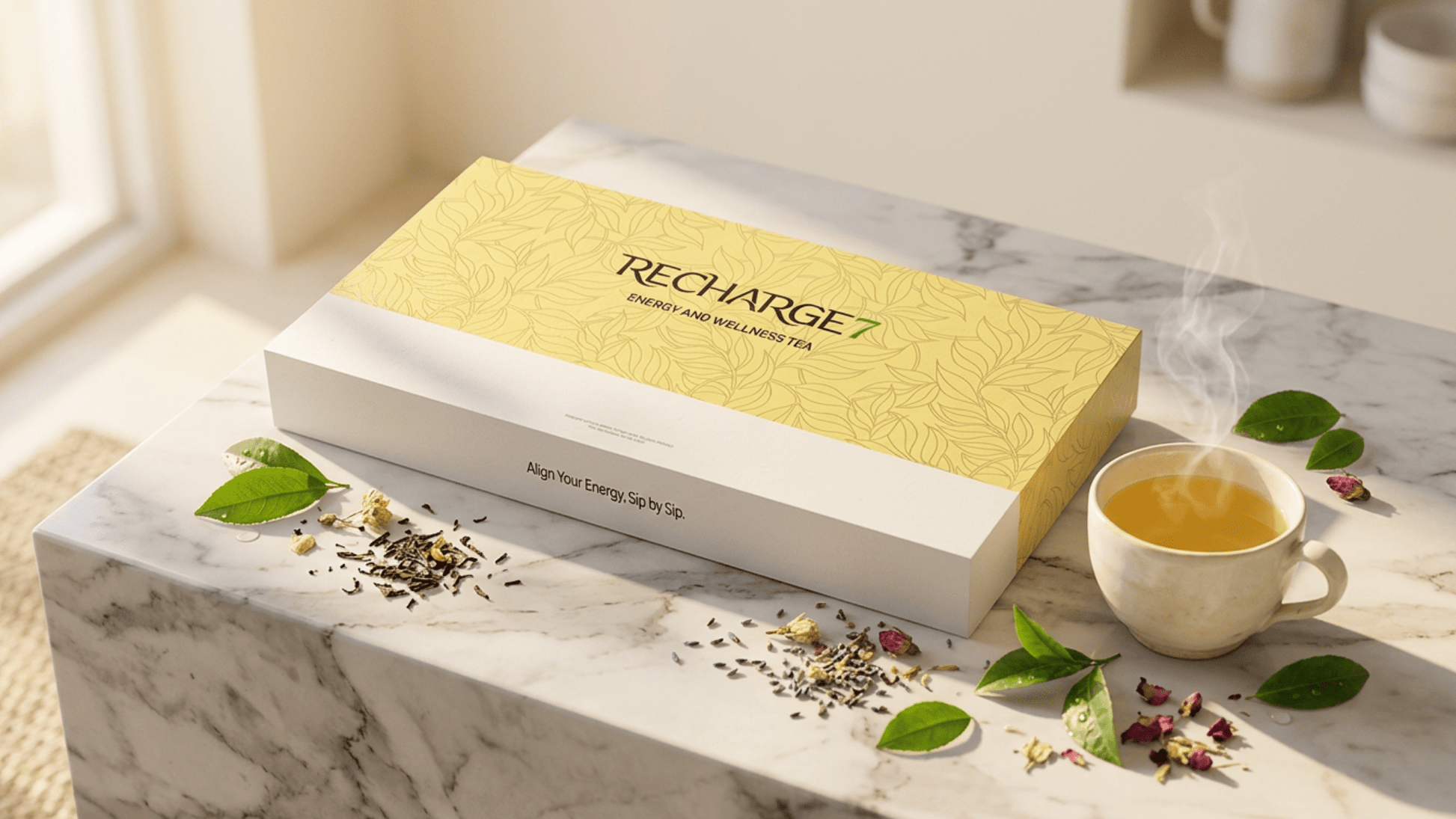 The Recharge7 Energy Box alongside the Oasis Grounding Tea Mug on a modern minimalist executive office desk setup