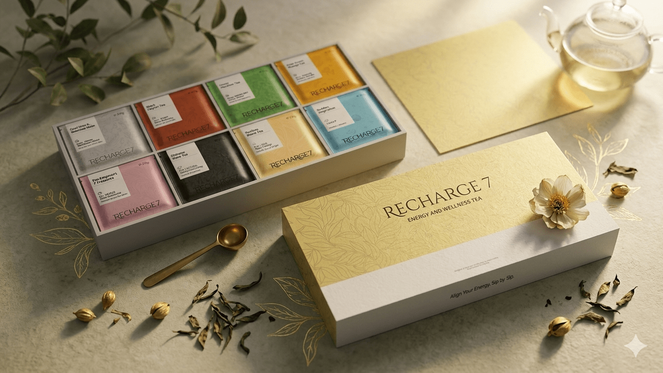 Recharge7 Standard Energy Box flagship 7-day planetary tea matrix packaging design on a clean minimalist premium background