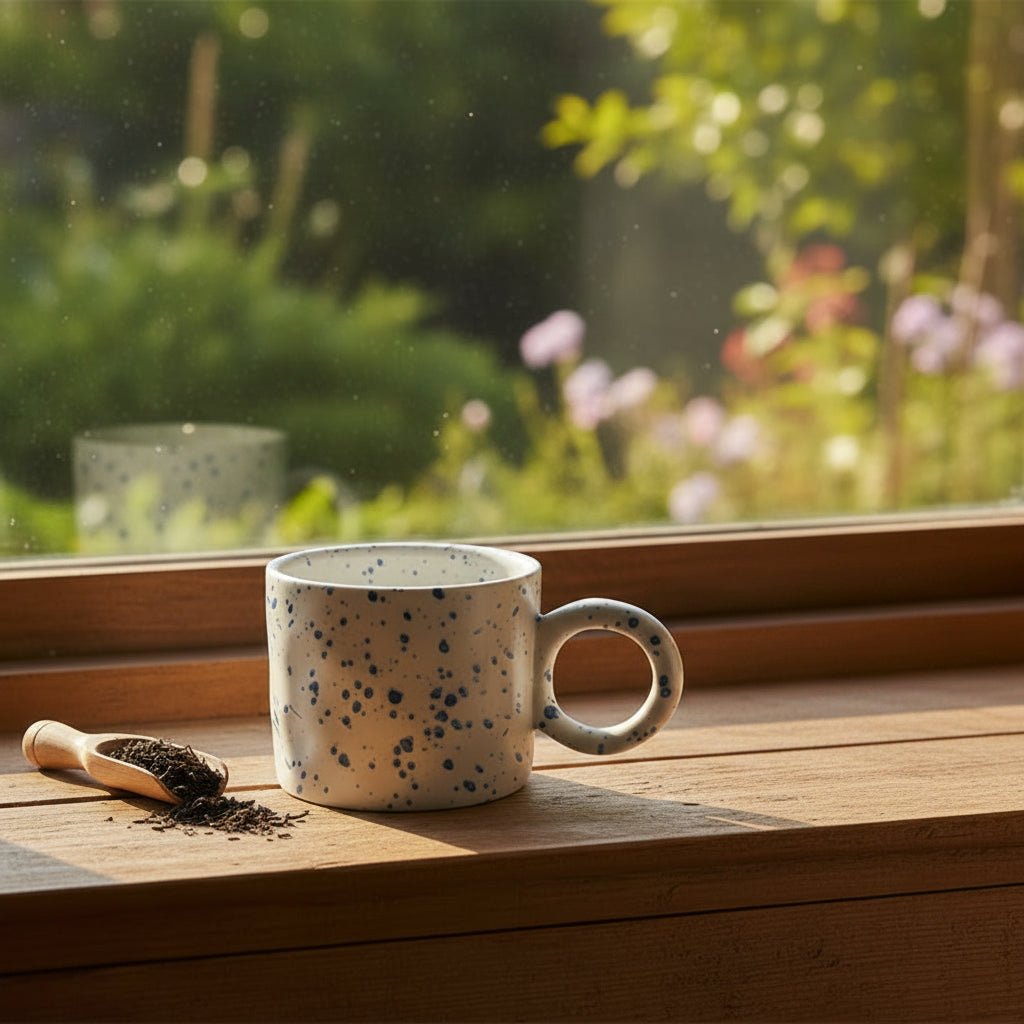 Close-up of the unique kiln-fired color glaze and stellar dust patterns on the Nebula porcelain cup.